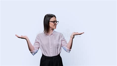 Business Woman Holding Two Hands With Empty Open Palms On White