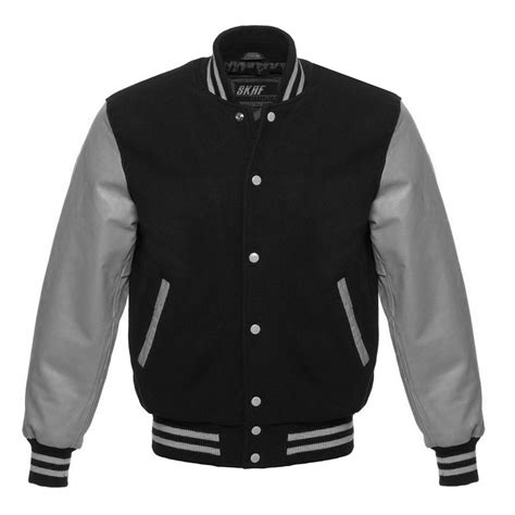 Letterman Varsity Jacket Wool Real Leather Black Gray SKAF IMPEX