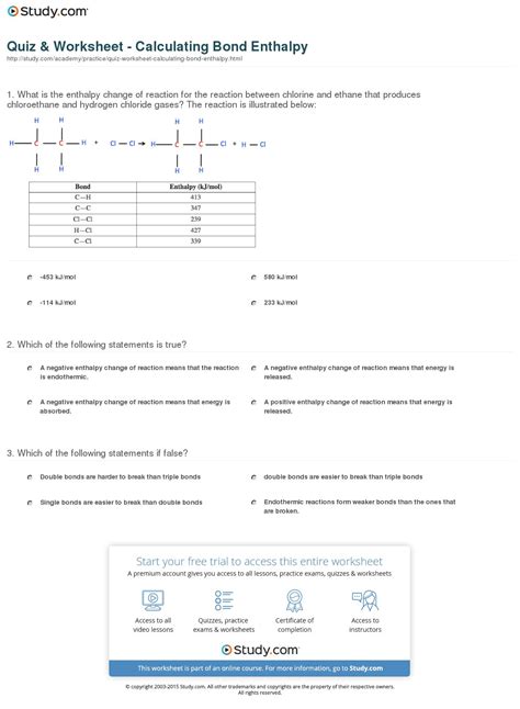 Quiz Worksheet Calculating Bond Enthalpy Study — Db