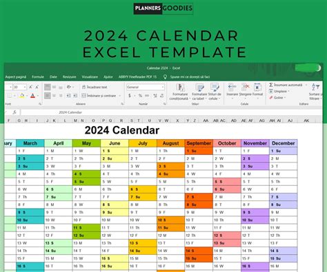 2024 Calendar Planner Excel Template Horizontal Calendar 2024 Daily Planner Digital Monthly