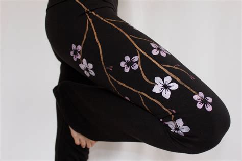 Womens Yoga Pants Cherry Blossom Flowers Hand Painted Ts