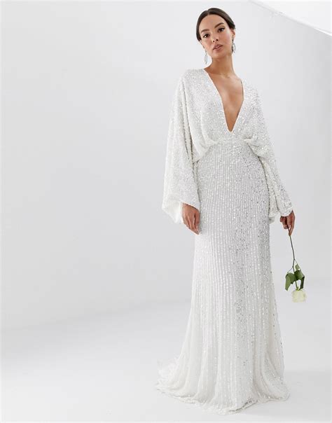 ASOS Ciara Sequin Kimono Sleeve Wedding Dress In White Lyst UK