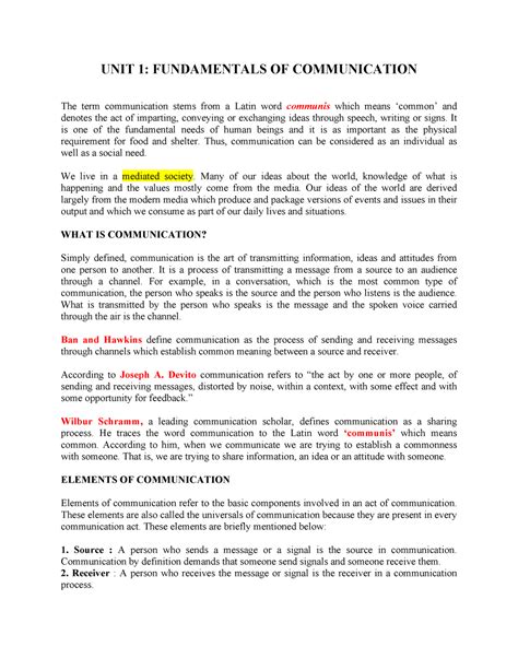 Fundamentals Of Communication Notes Unit 1 Fundamentals Of