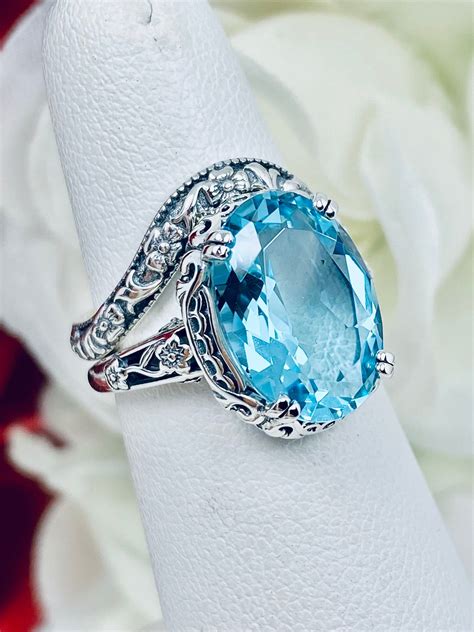 Aquamarine Blue Ring with Floral Band Set/ Sterling Silver Ring