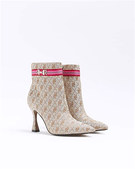 Beige Ri Monogram Heeled Ankle Boots River Island