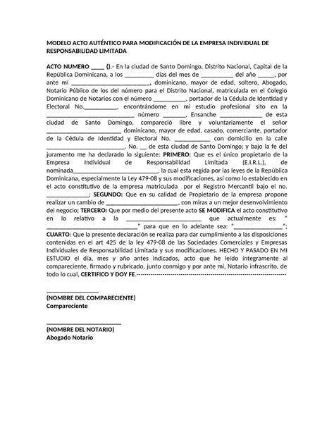 ACTO AUTÉ Ntico PARA ModificacióN DE LA E I R L MODELO ACTO AUTÉNTICO