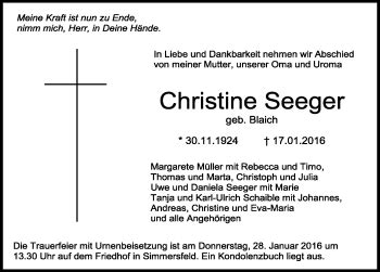 Traueranzeigen Von Christine Seeger Schwarzw Lder Bote Trauer