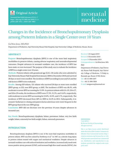 PDF Changes In The Incidence Of Bronchopulmonary Dysplasia Among