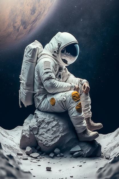 Hombre Con Traje De Astronauta Sentado En La Piedra Rota Con El Espacio