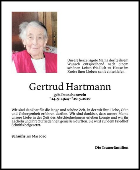 Todesanzeigen Von Gertrud Hartmann Todesanzeigen Vorarlberger Nachrichten