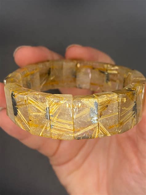 Gold Rutile Quartz Bracelet Flat Bead Bangle Genuine Rutile Jewelry