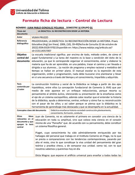 Ficha De Lectura Juan Pablo Gonzalez Formato Ficha De Lectura