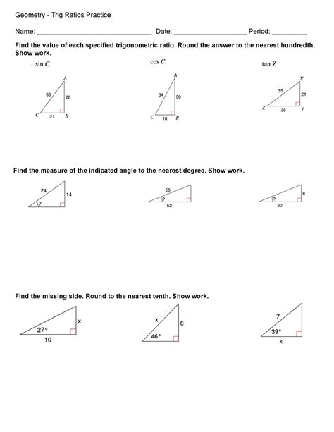 Hw Trig Ratios Practice Find The Value Of Each Specified