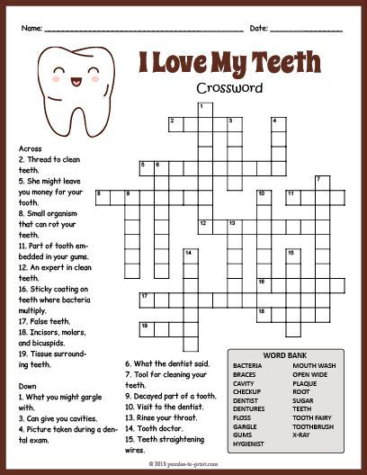 Free Printable Dental Health Crossword Artofit