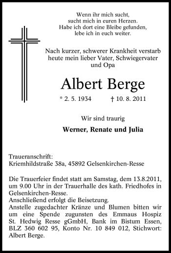 Traueranzeigen Von Albert Berge Trauer In Nrw De