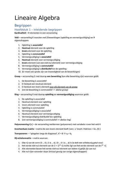 Samenvatting Lineaire Algebra Lineaire Algebra Begrippen Hoofdstuk