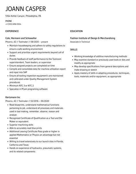 Toolmaker Resume Samples Velvet Jobs