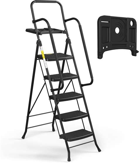 Hbtower 5 Step Ladder With Handrails Folding Step Stool With Tool