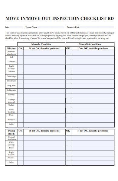 Free Move In Move Out Inspection Checklist Samples In Pdf Ms Word