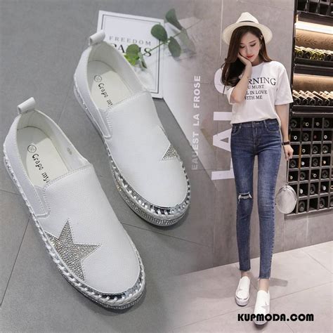 Mokasyny Damskie Buty Damska Slip On Rhinestone Wiosna Bia Y