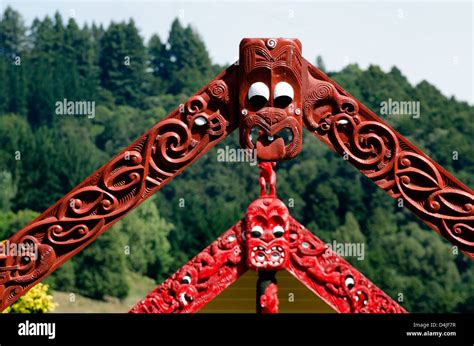 Carved Maori Marae Meeting House In Taumarunui New Zealand Stock