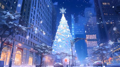 Beautiful Christmas Tree Night Cityscape Desktop Wallpaper in 4K