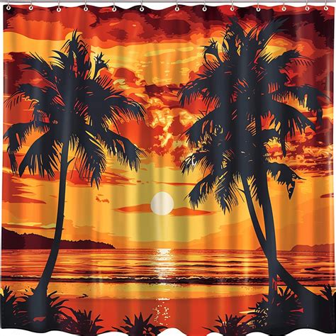 Sunset Palms Beach Fabric Shower Curtain With Tropical Numbers Design