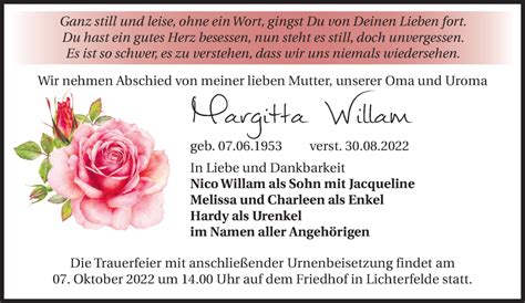 Traueranzeigen Von Margitta Willam M Rkische Onlinezeitung Trauerportal