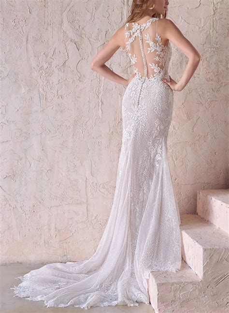 Trumpet Mermaid Illusion Neck Elegant Lace Tulle Wedding Dresses Missacc