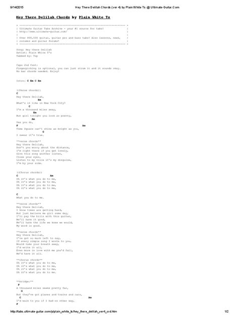 Hey There Delilah Chords Ver 4 By Plain White Ts At Ultimate Guitar Pdf