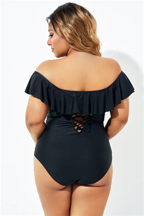 Black Bandeau Off The Shoulder Ruffle One Piece Swimsuit Meet Curve