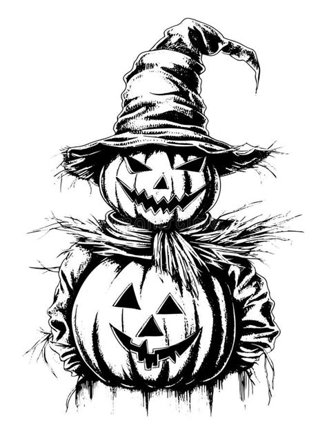 Cartoon Scary Scarecrow Made Of Pumpkin On White Background Sketch Vector Stock Vector