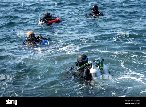 April 17 2021 Hamburgsund Sweden Scuba Divers At The Surface