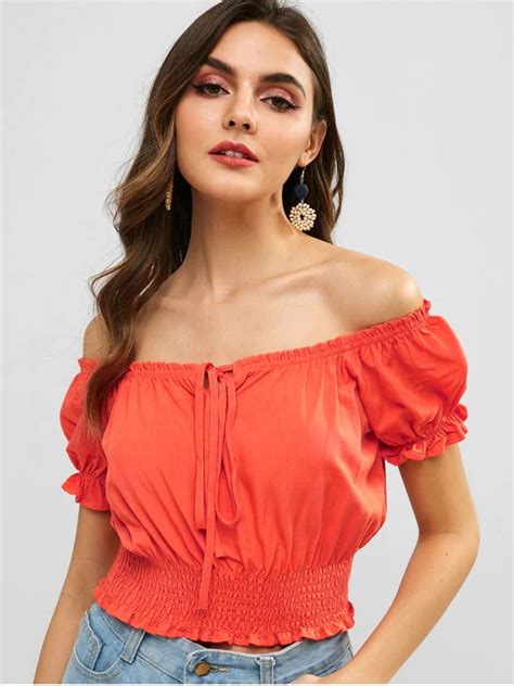 Zaful Tied Smocked Off Shoulder Blouse Basket Ball Orange Off