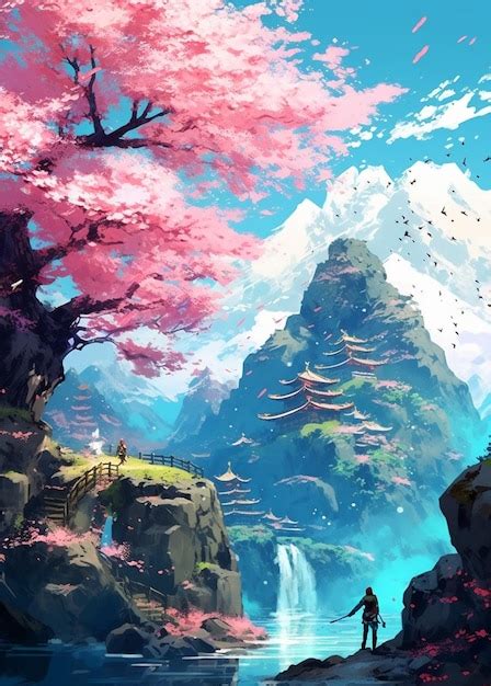 Premium Ai Image Anime Landscape With A Man Standing On A Cliff