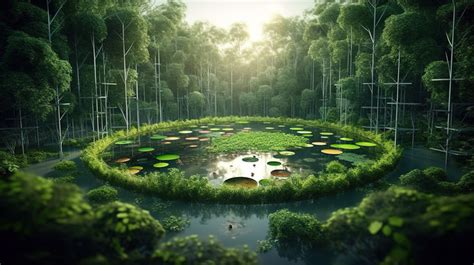 Eco Friendly Manufacturing Concept Factory Shaped Pond Amidst A Lush