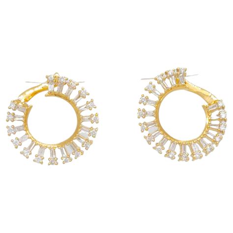 White Diamond Round And Baguette Hoops In 18k Yellow Gold For Sale At