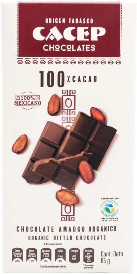 CACEP Chocolate Orgánico Amargo 100 cacao SIN AZÚCAR 5 Pack barras