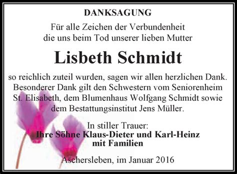 Traueranzeigen Von Lisbeth Schmidt Abschied Nehmen De