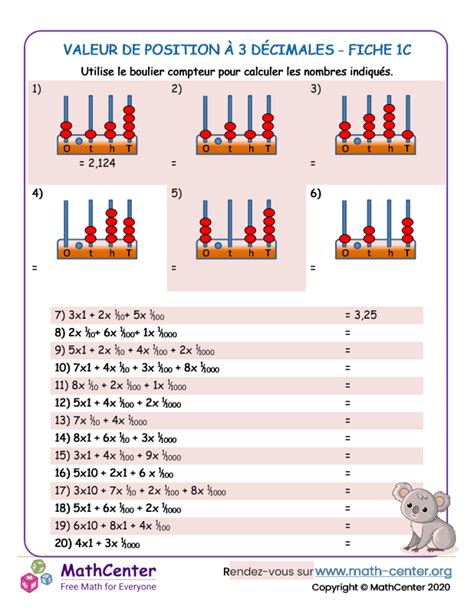 Cm Fiches De Travail Valeur De Position D Cimale Math Center