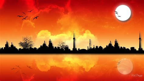 City Skyline Silhouette Illustration Reflection City Cityscape