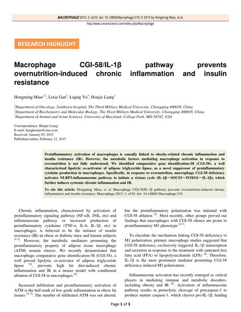 Pdf Macrophage Cgi 58il 1β Pathway Prevents Overnutrition Induced