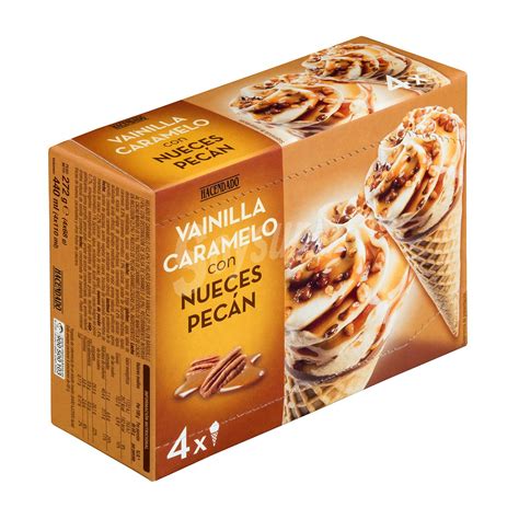 Hacendado Helado Cono Vainilla Caramelo Con Nueces Pecan Caja 4 U