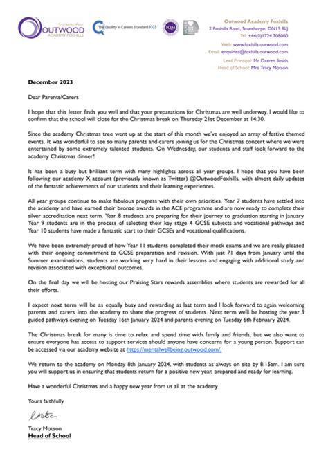 End Of Year Letter Outwood Academy Foxhills