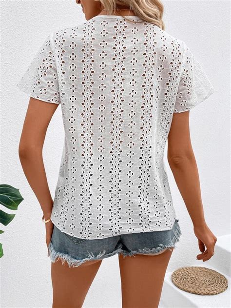 Shein Vcay Eyelet Embroidery Contrast Lace Scallop Trim Blouse Shein Usa