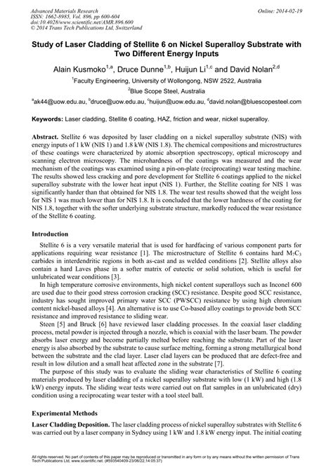 PDF Study Of Laser Cladding Of Stellite 6 On Nickel Superalloy