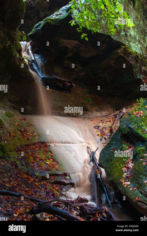 Waterfall At Rocky Glen Park In West Peoria During Early Autumn Stock