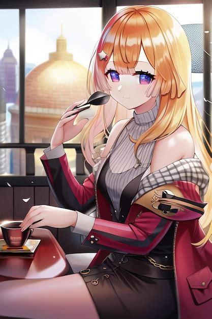 Premium AI Image | Anime girl drinking tea and looking at a window