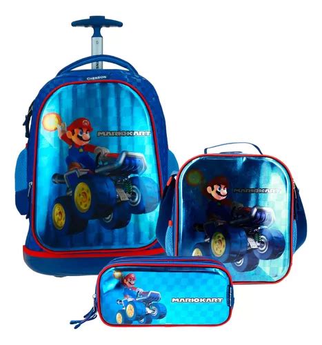 Kit Mochila Con Ruedas Lonchera Lapicera Mario Kart Chenson Env O Gratis