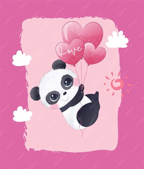 Premium Vector A Cute Panda Holding Two Balloons Flying In The Air